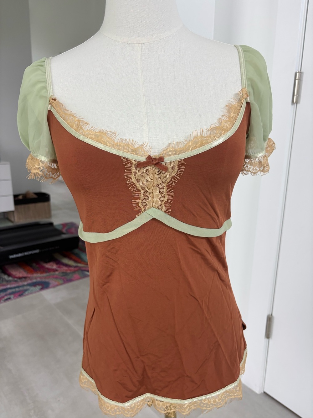 Moda International Rust and Sage Satin Lace-Trim Chemise
